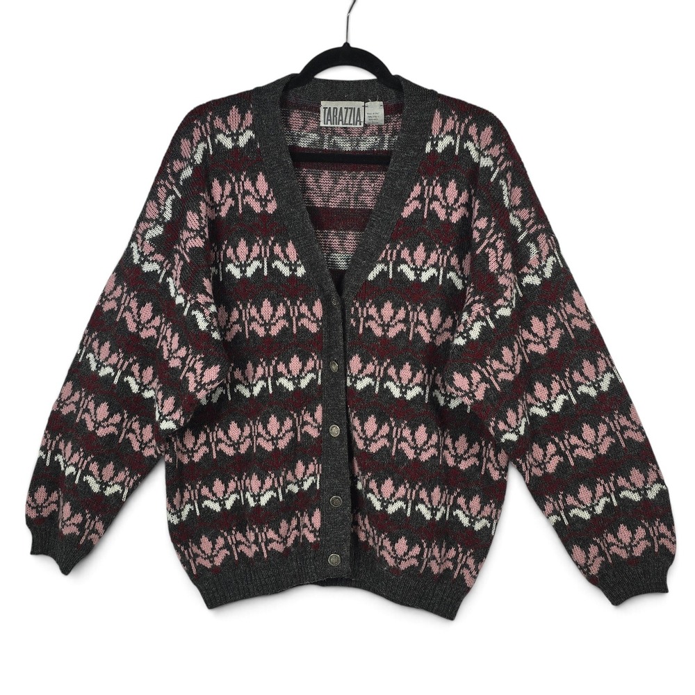 Tarazzia Cardigan Womens L Wool Blend Floral Fair Isle Grey Pink Coin Button EUC